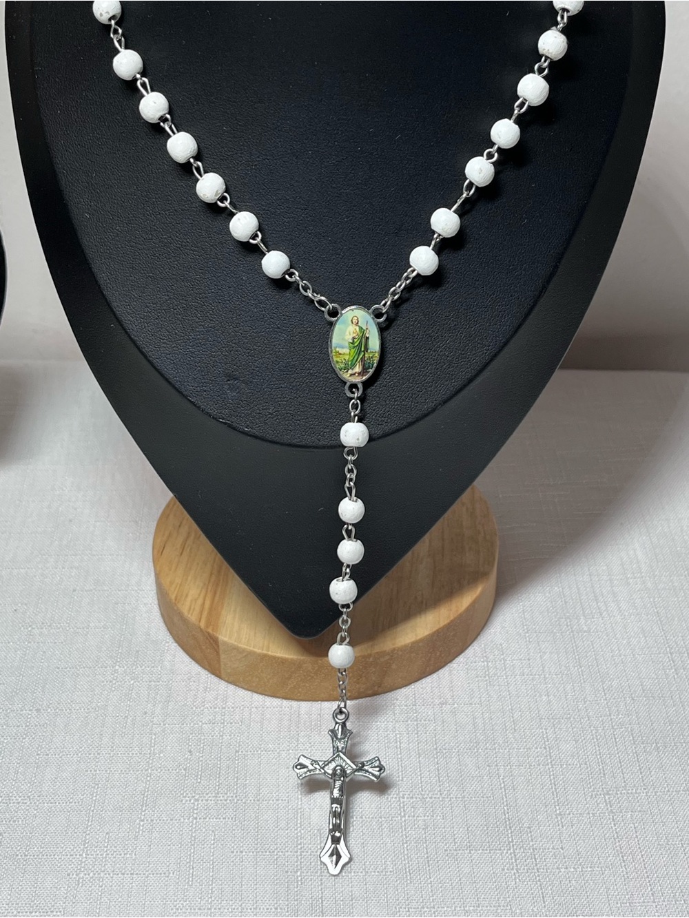 White Bead Rosary Necklace with Silver-Tone Cross and Saint Medal
Vintage